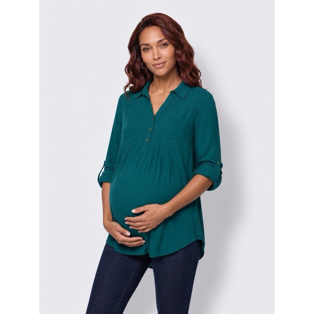 Motherhood Maternity Blouse Women L Hunter Green Roll Tab Sleeve Tunic Casual